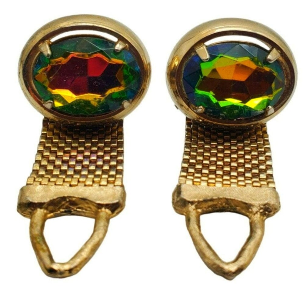 Large Gold Mesh Cufflinks Watermelon‎ Rainbow Glass Retro Wrap Around Chunky Vtg